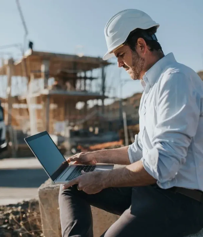Construction worker reviewing equipment on site